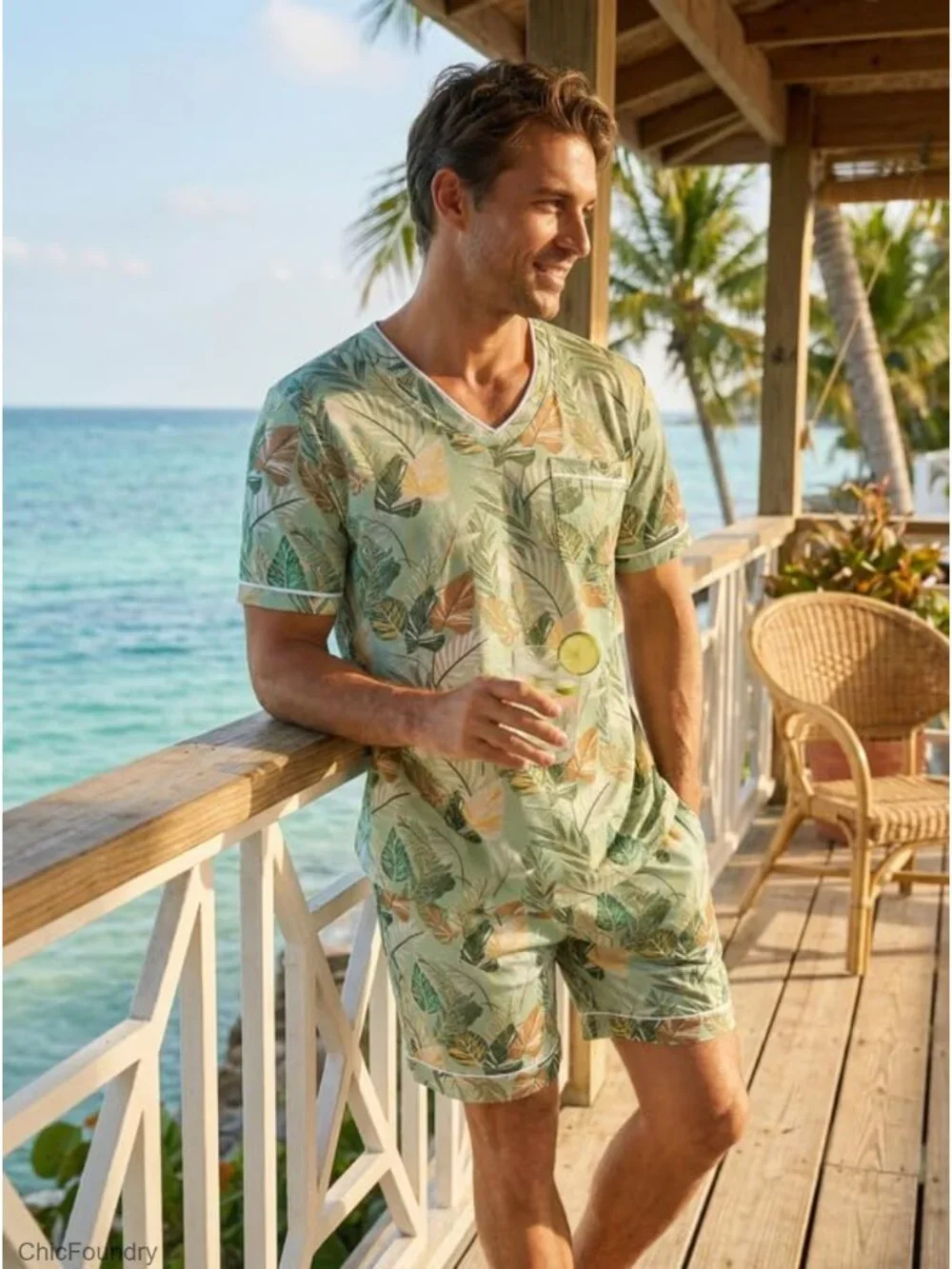 Men's Short Sleeve Pajama Set with Pockets V-Neck Sleepwear Lightweight S-2XL